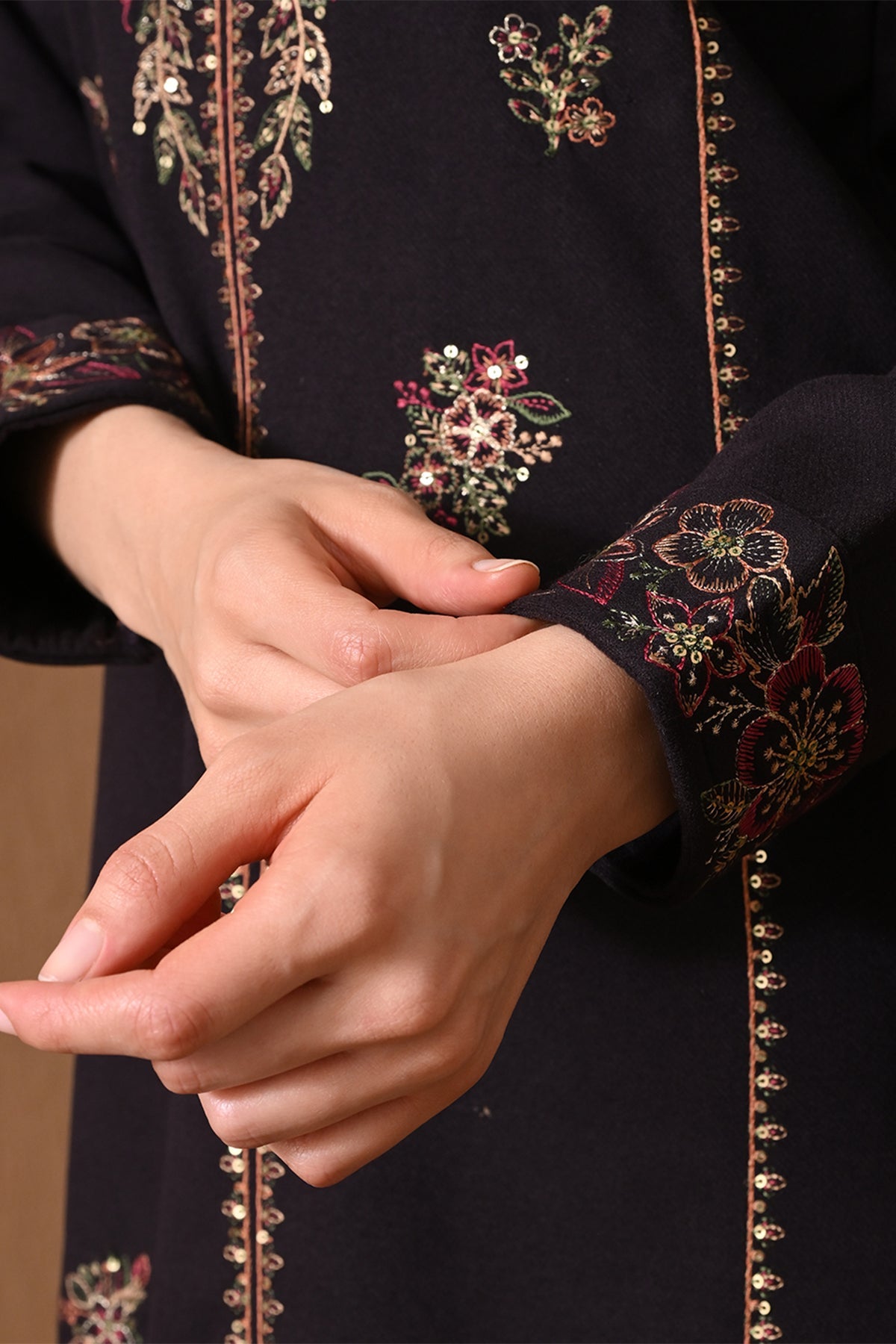 Winter Black Floral Embroidered Kurta 3 Pcs Set