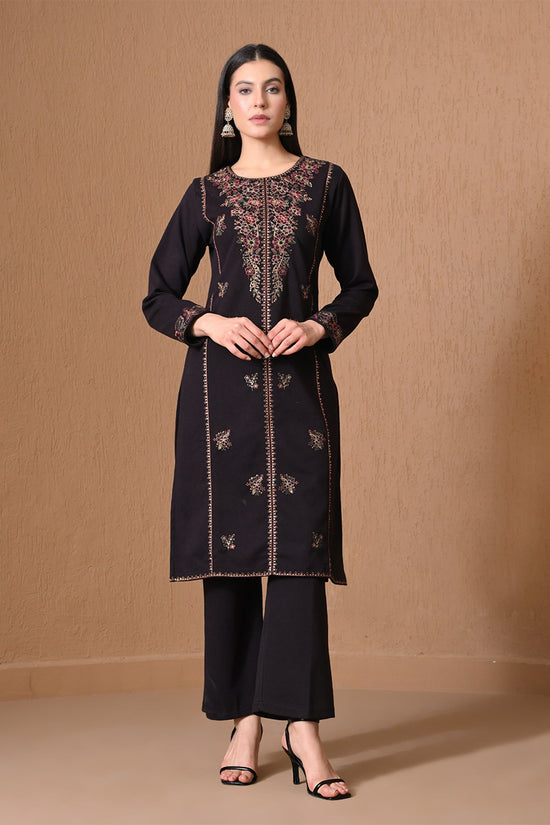 Winter Black Floral Embroidered Kurta 3 Pcs Set