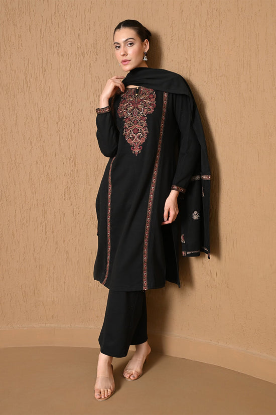 Winter Black Embroidered Woven Kurta 3 Pcs Set