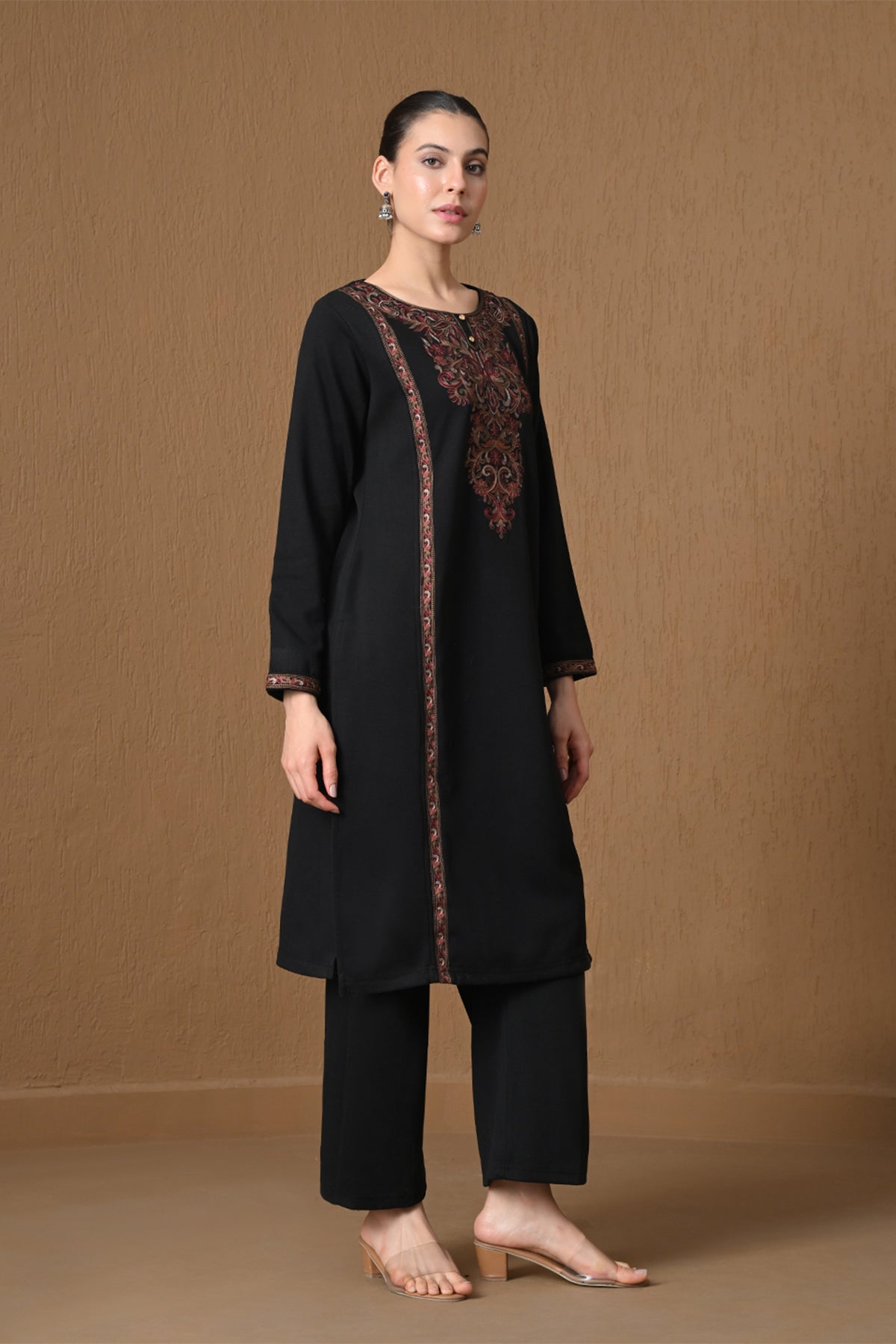 Winter Black Embroidered Woven Kurta 3 Pcs Set