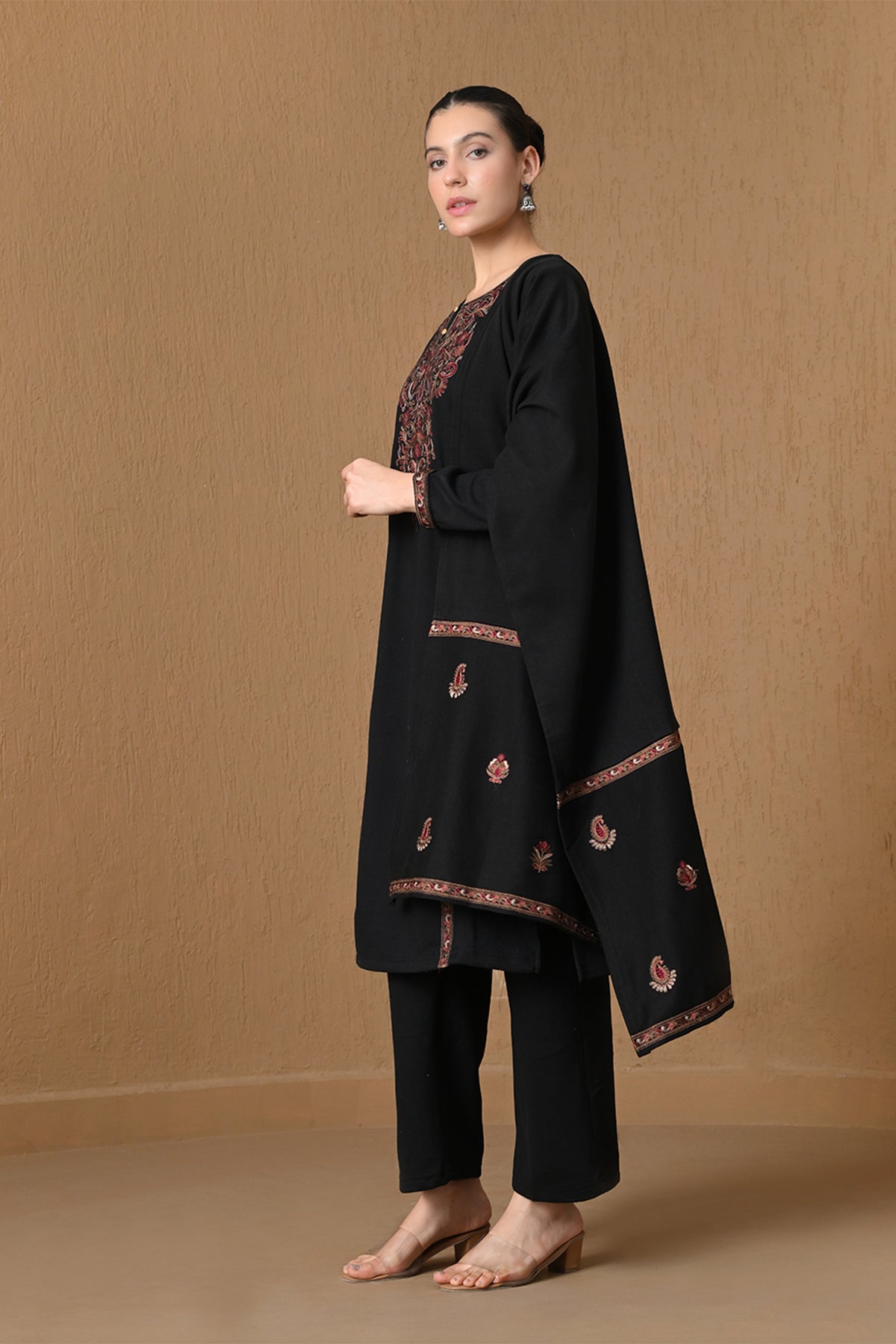 Winter Black Embroidered Woven Kurta 3 Pcs Set