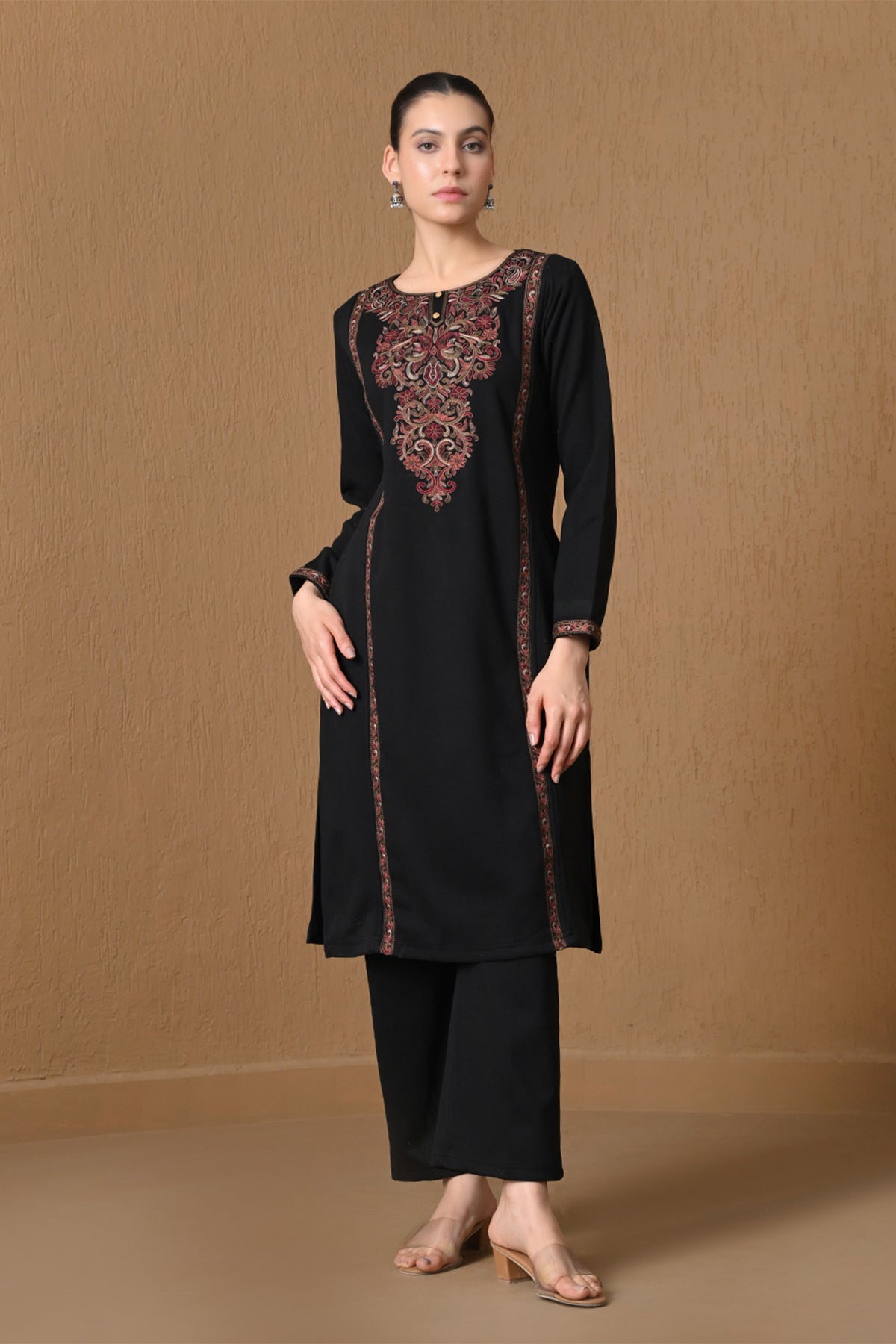Winter Black Embroidered Woven Kurta 3 Pcs Set