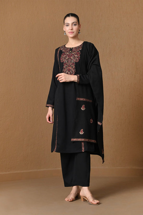 Winter Black Embroidered Woven Kurta 3 Pcs Set