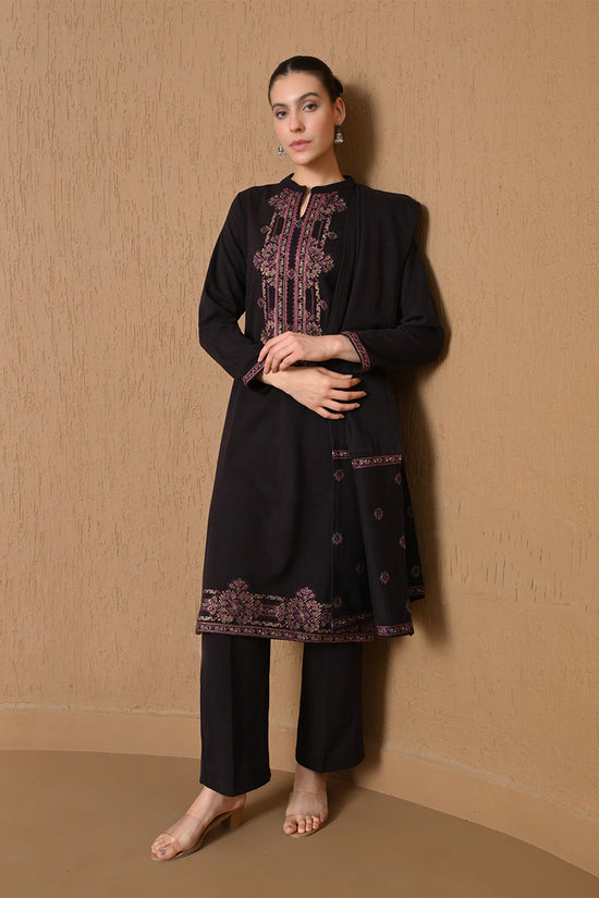 Winter Regal Wine Embroidered Woven Kurta 3 Pcs Set