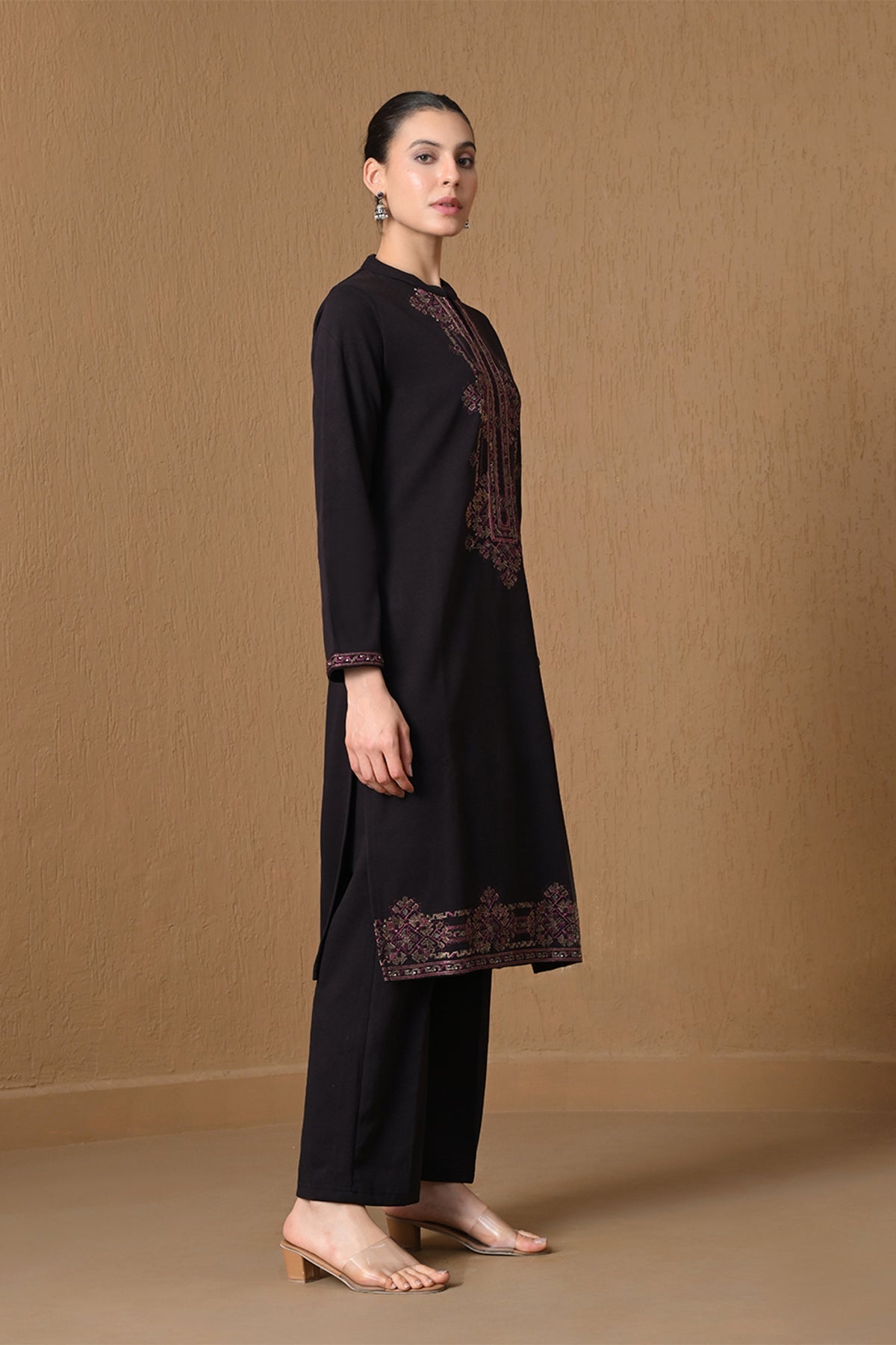 Winter Regal Wine Embroidered Woven Kurta 3 Pcs Set