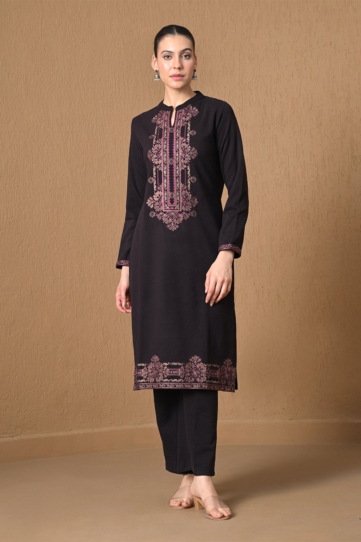 Winter Regal Wine Embroidered Woven Kurta 3 Pcs Set