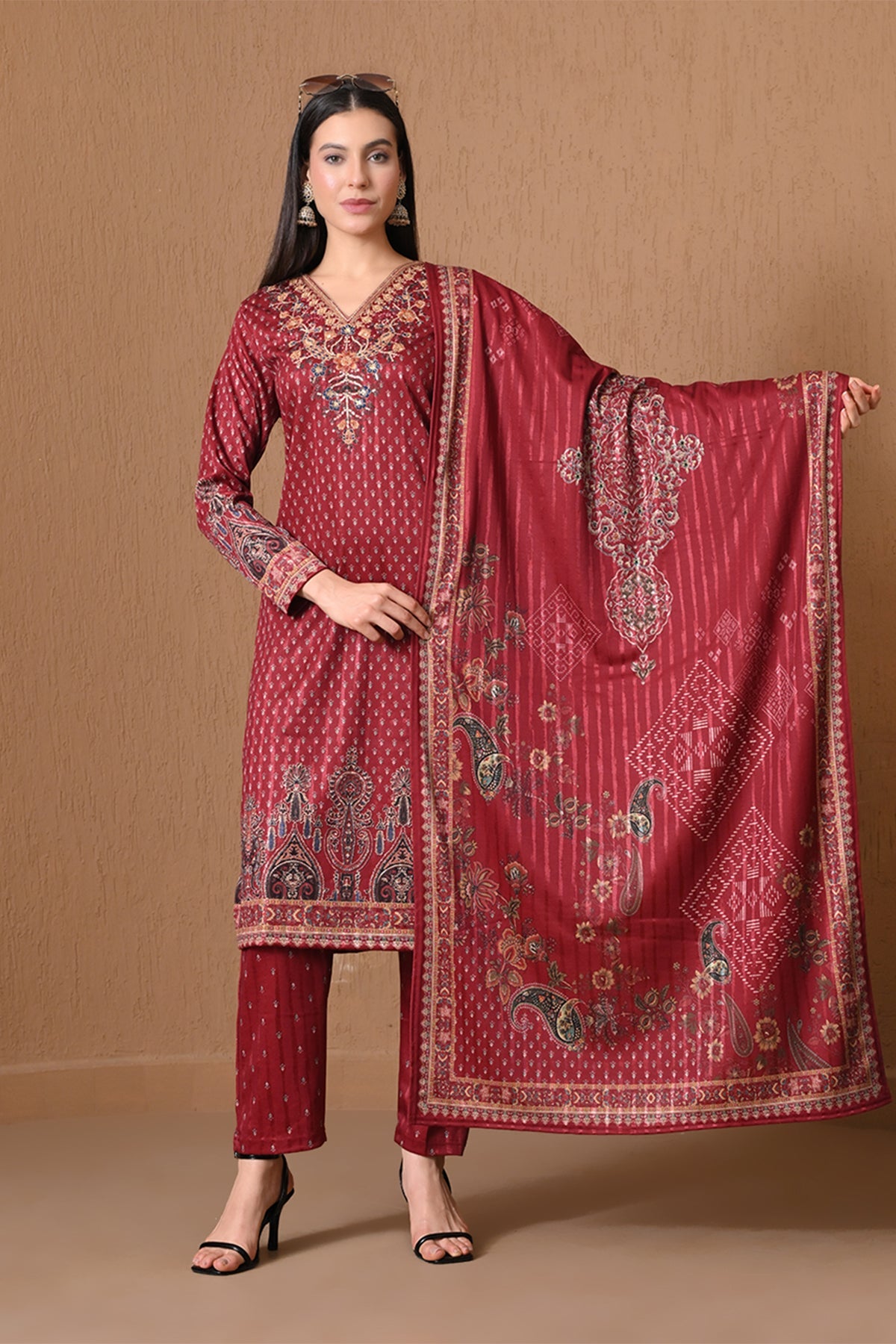 Winter Red Floral Embroidered Kurta 3 Pcs Set