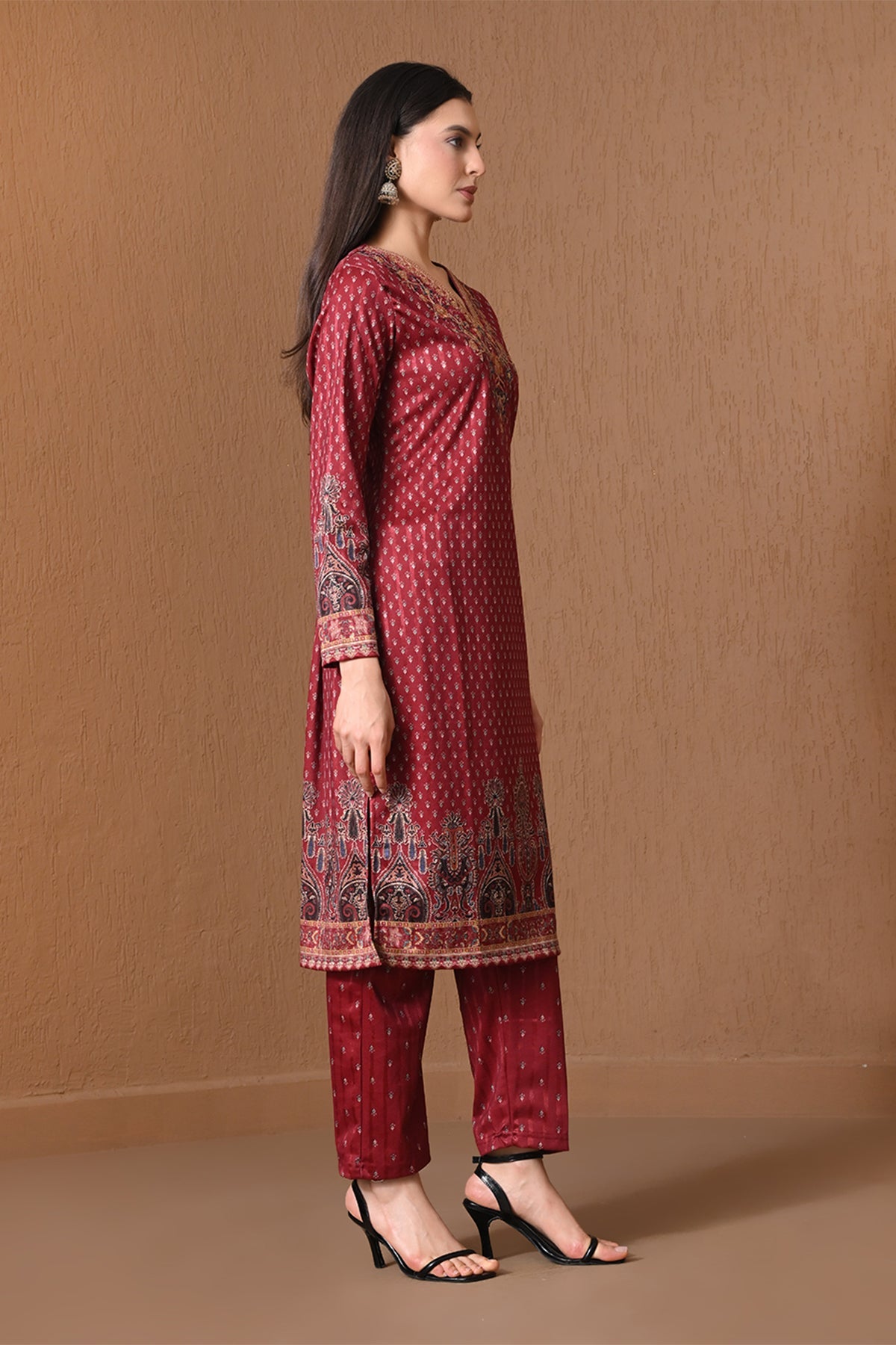 Winter Red Floral Embroidered Kurta 3 Pcs Set