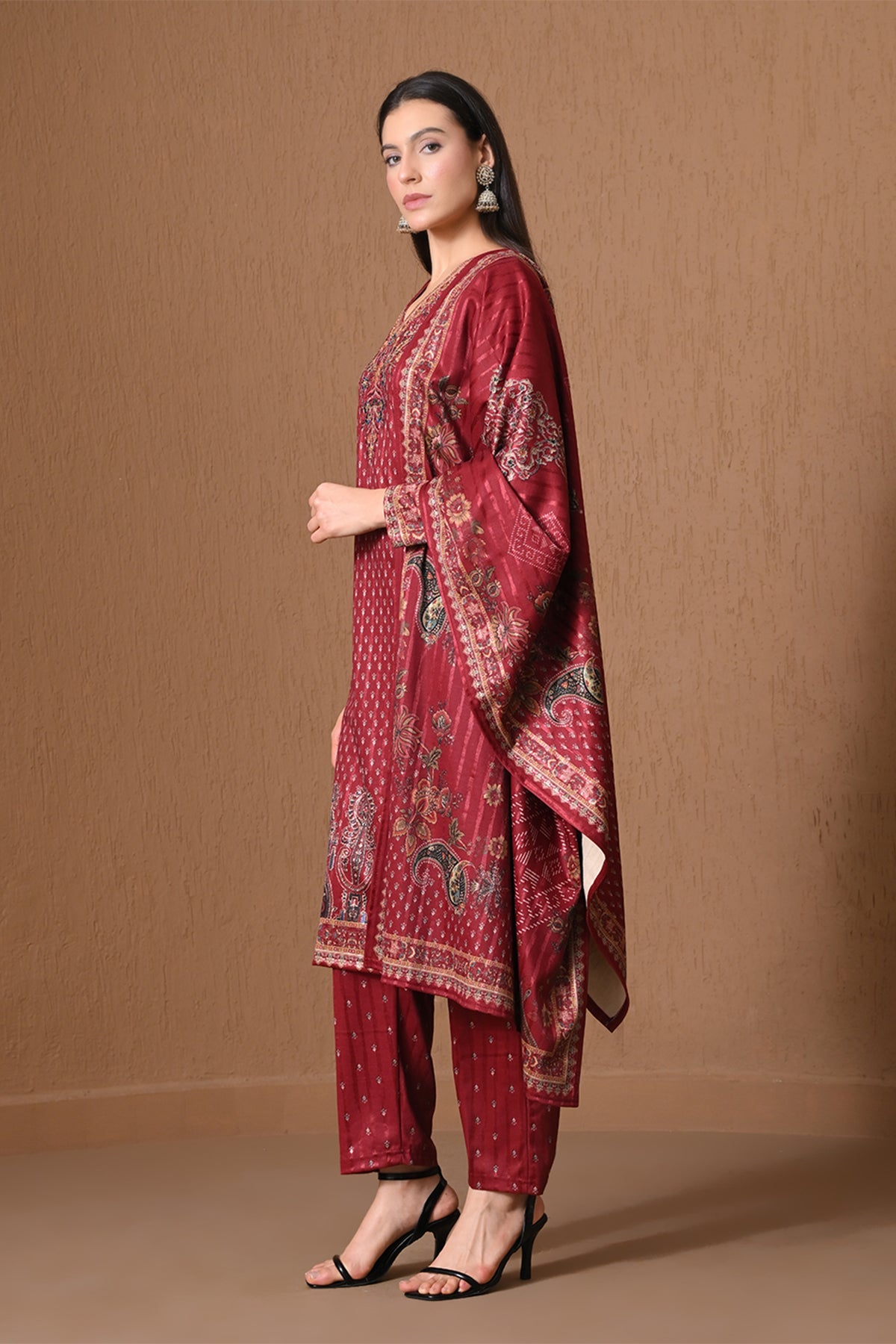 Winter Red Floral Embroidered Kurta 3 Pcs Set