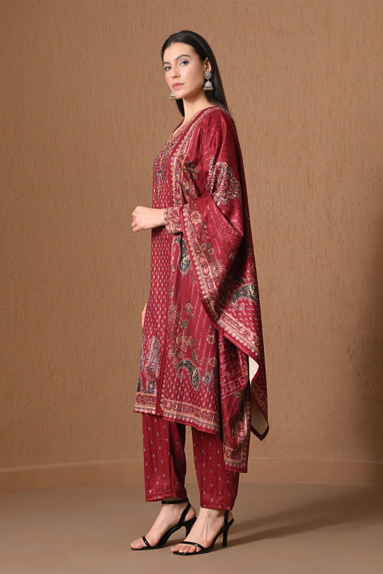 Winter Red Floral Embroidered Kurta 3 Pcs Set