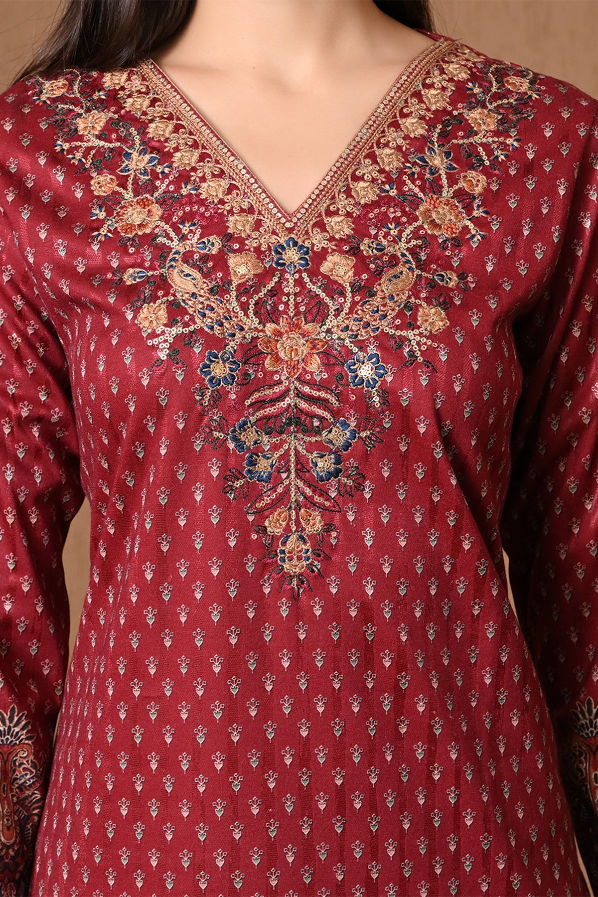 Winter Red Floral Embroidered Kurta 3 Pcs Set