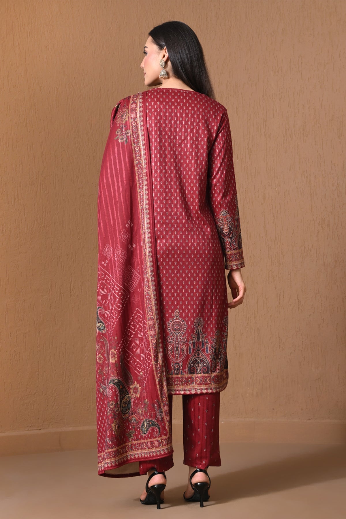 Winter Red Floral Embroidered Kurta 3 Pcs Set