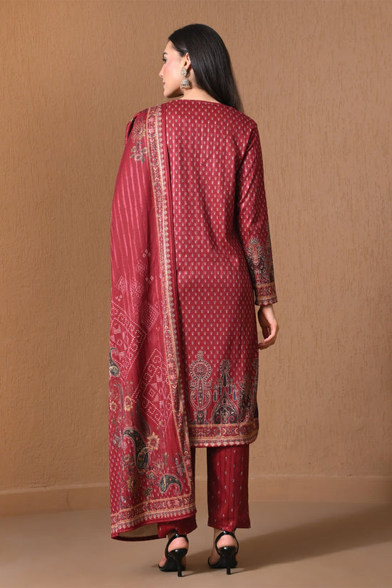 Winter Red Floral Embroidered Kurta 3 Pcs Set