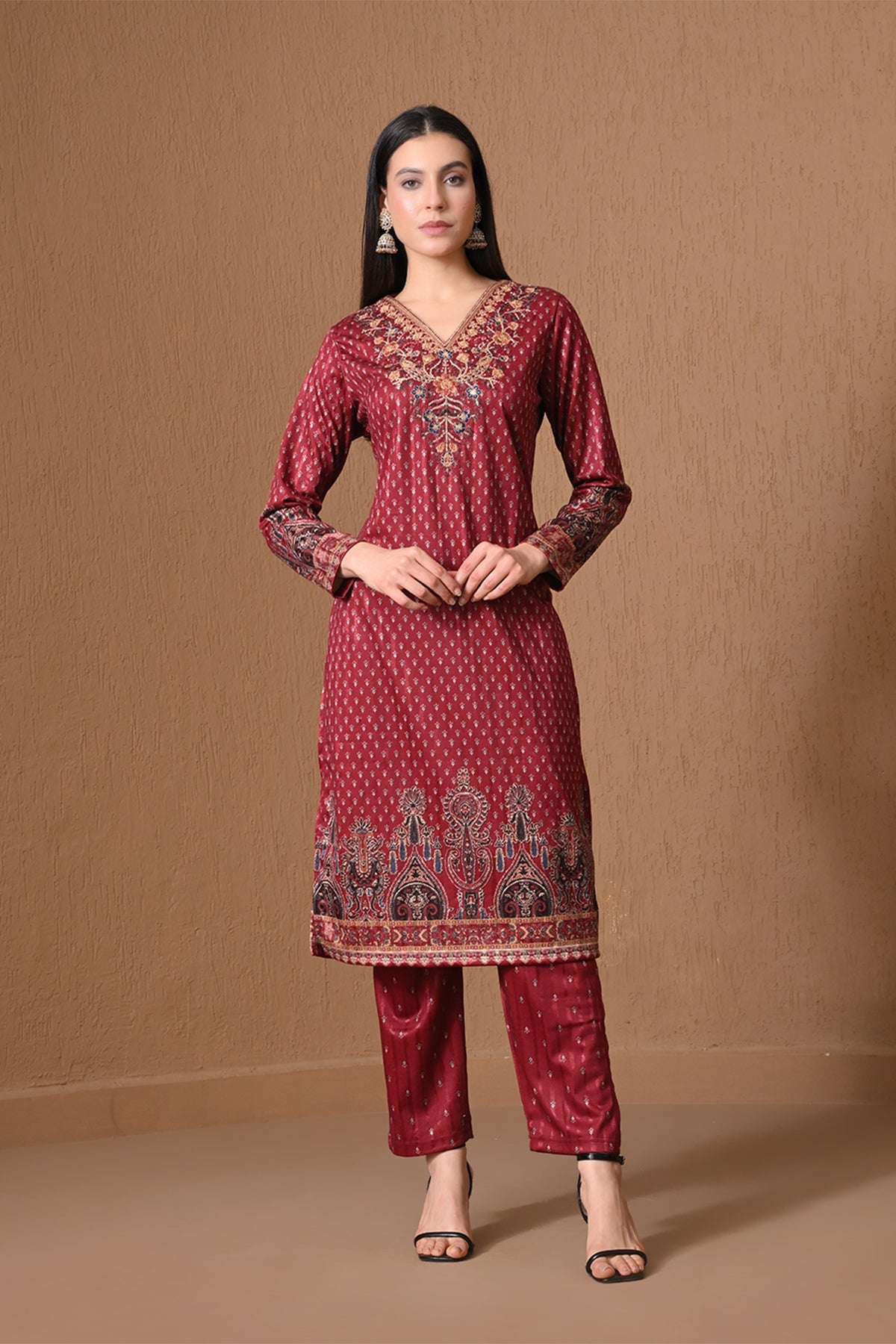 Winter Red Floral Embroidered Kurta 3 Pcs Set