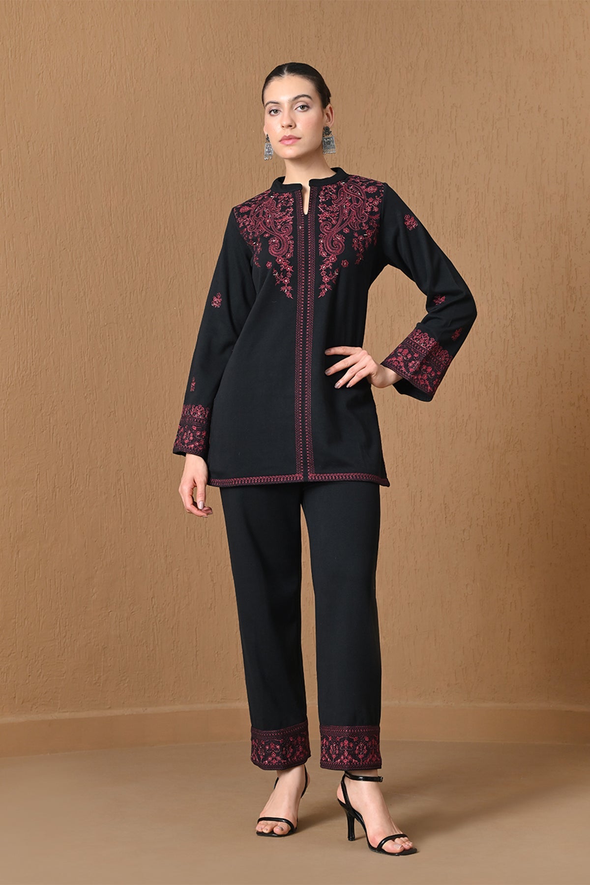 Winter Black Floral & Vine Embroidered Woven Co-ord Set