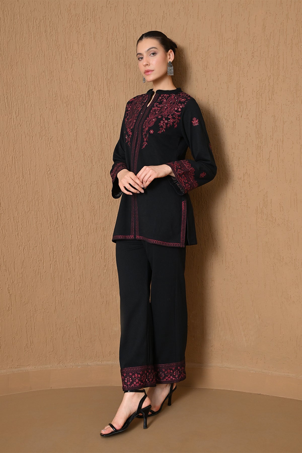 Winter Black Floral & Vine Embroidered Woven Co-ord Set
