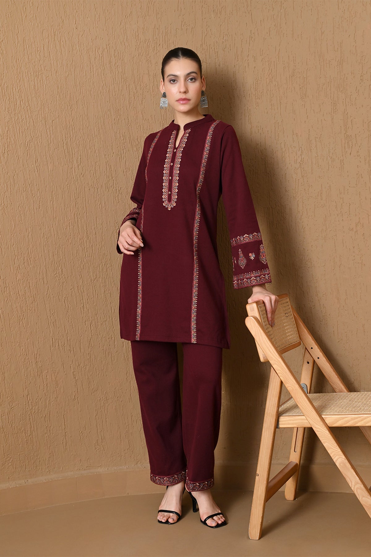 Winter Maroon Embroidered Woven Co-ord Set