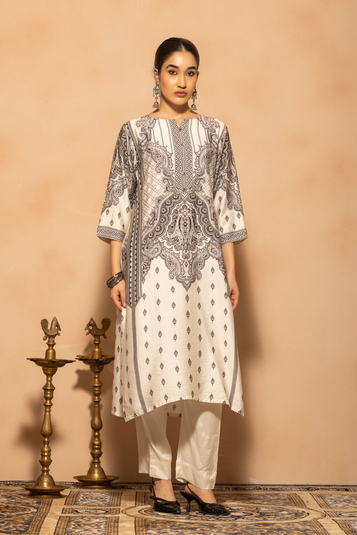 Light Grey Printed Kurta 3 Pcs Set