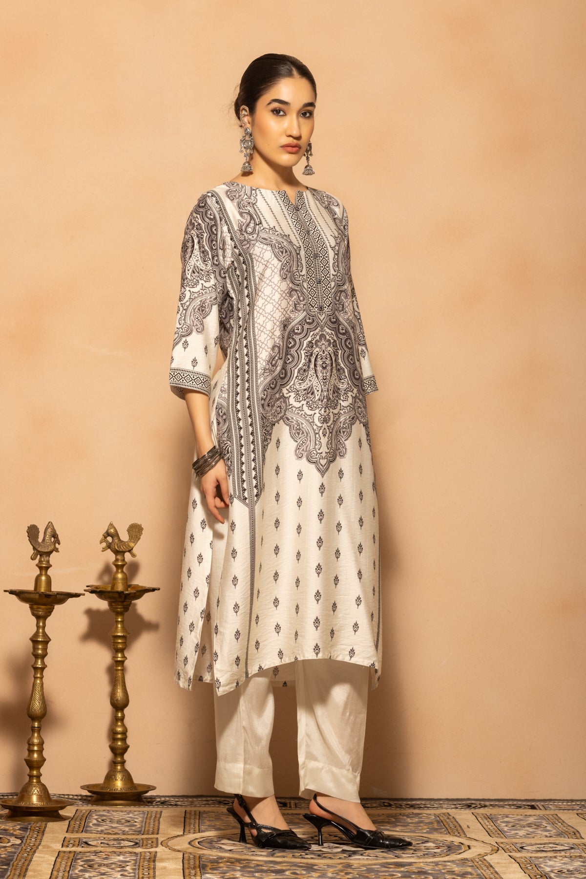 Light Grey Printed Kurta 3 Pcs Set