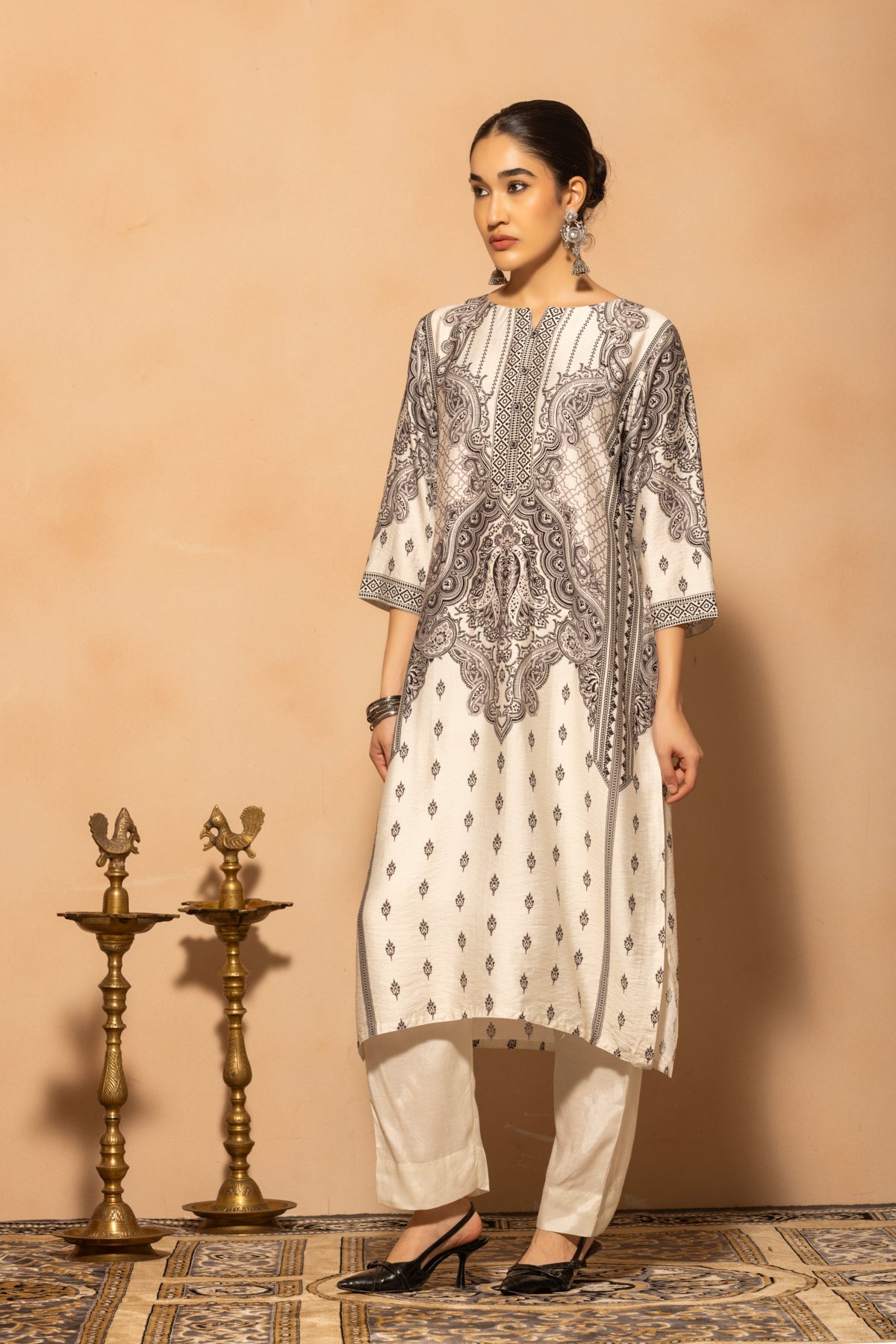 Light Grey Printed Kurta 3 Pcs Set