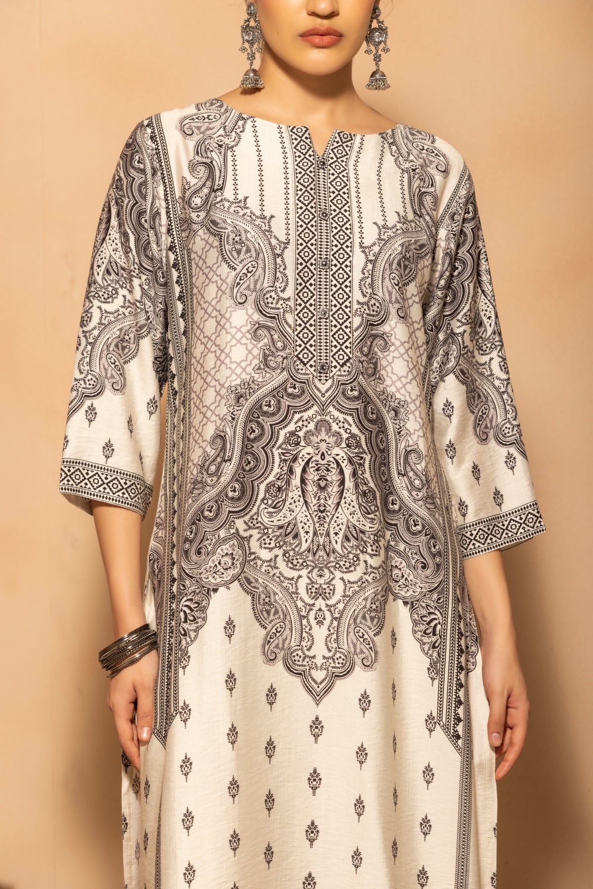 Light Grey Printed Kurta 3 Pcs Set
