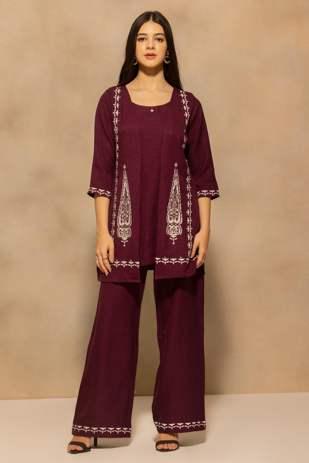 Wine Plum Printed With Stone Embellishments Co-Ord Set