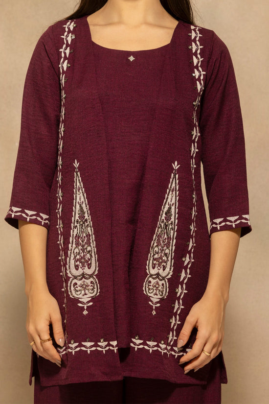 Wine Plum Printed With Stone Embellishments Co-Ord Set