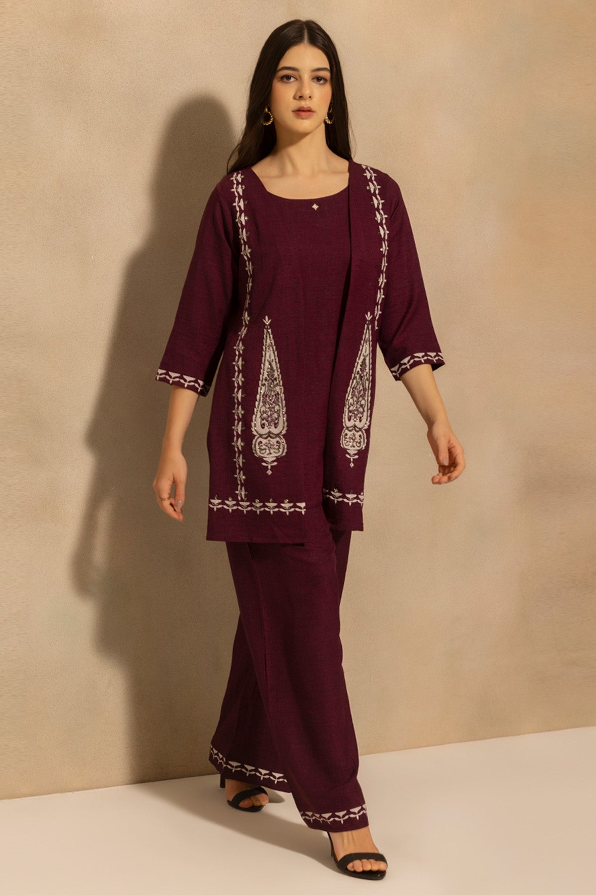 Wine Plum Printed With Stone Embellishments Co-Ord Set