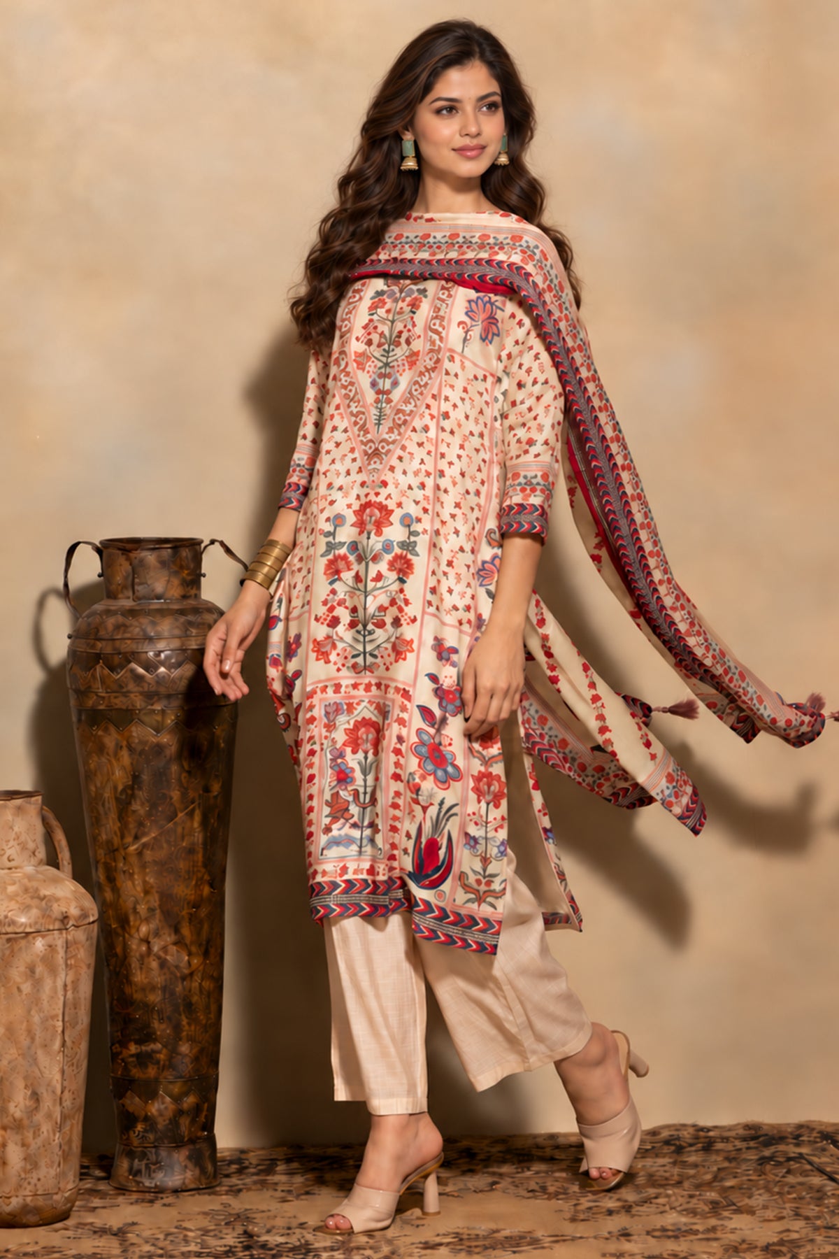 Cream Floral Printed Kurta 3 Pcs Set