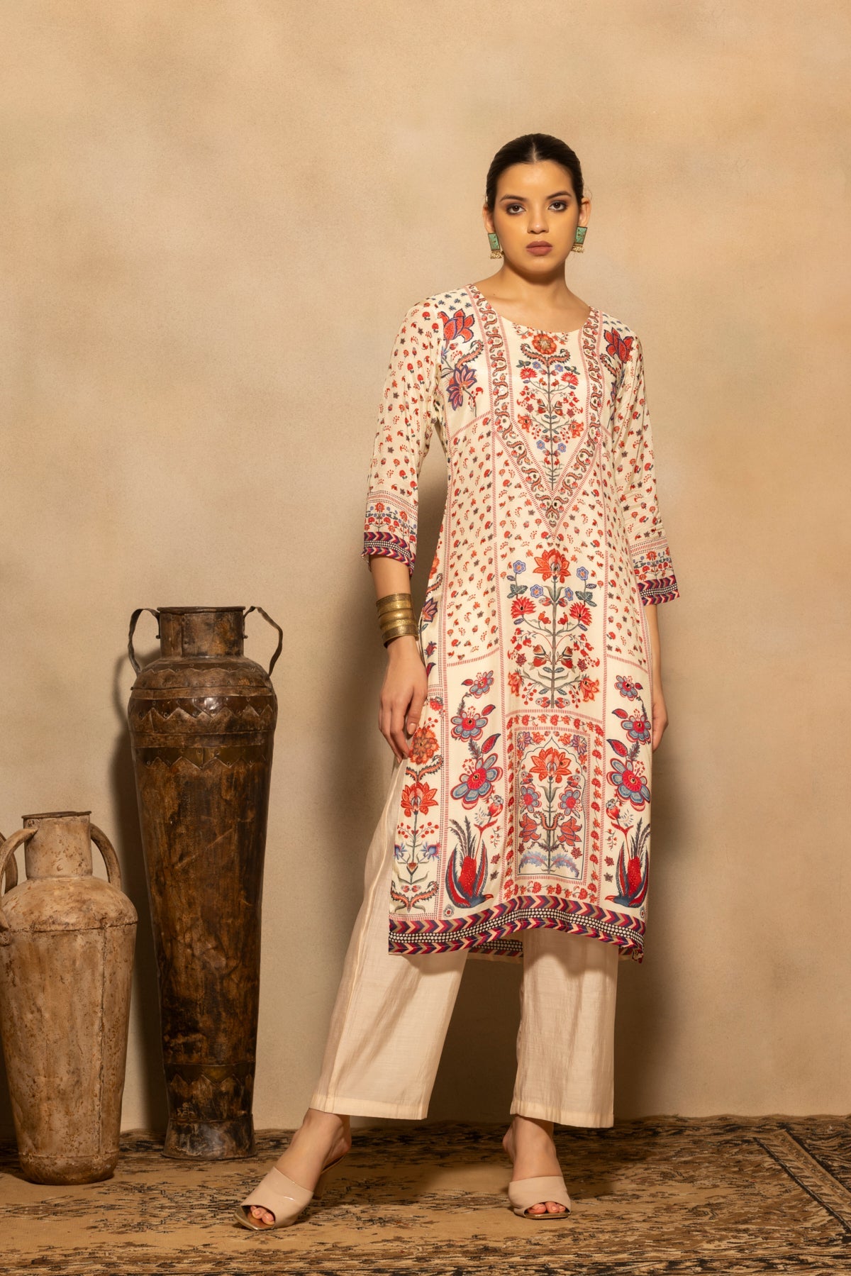 Cream Floral Printed Kurta 3 Pcs Set
