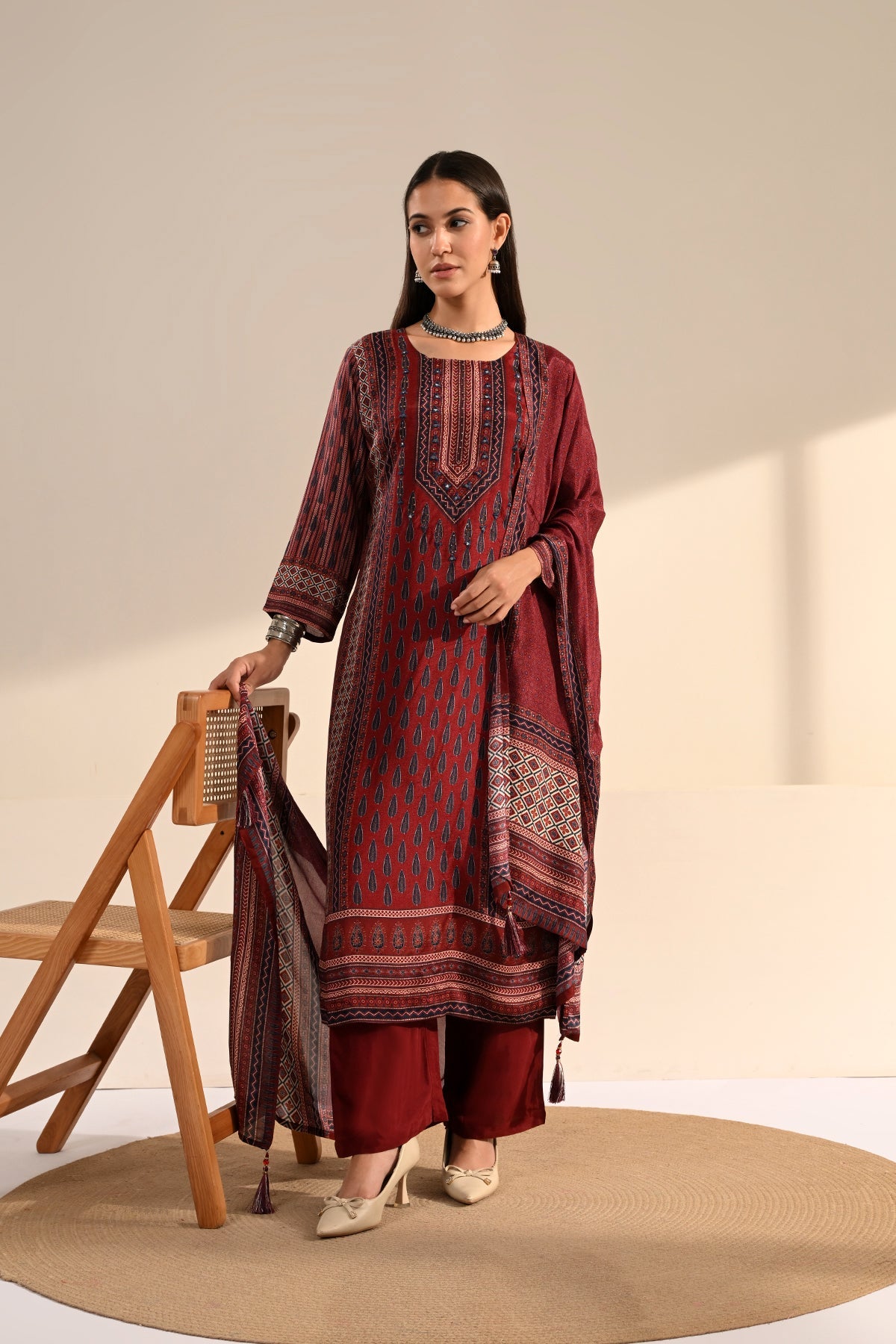 Maroon Ajrakh Printed 3 Pcs Kurta Set