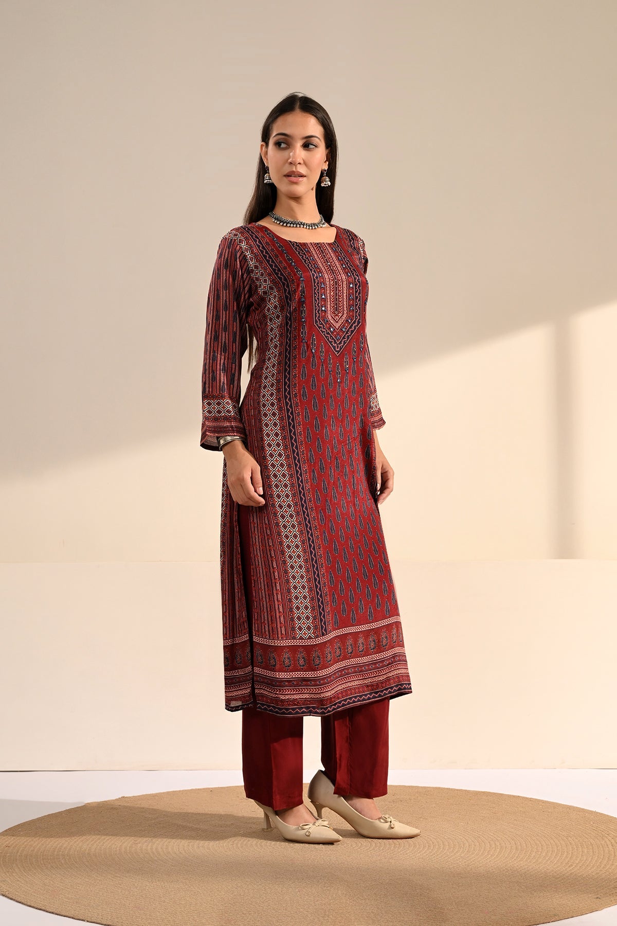Maroon Ajrakh Printed 3 Pcs Kurta Set