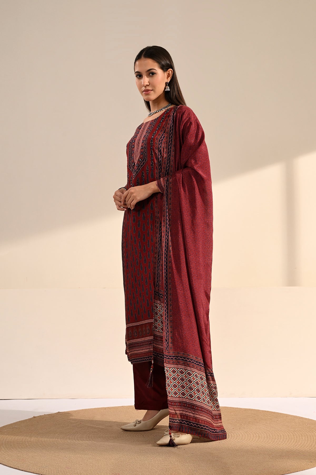 Maroon Ajrakh Printed 3 Pcs Kurta Set