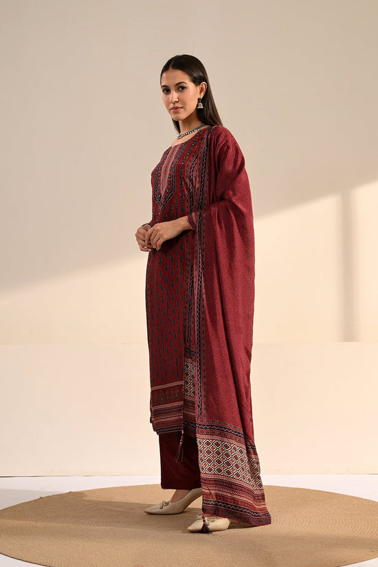 Maroon Ajrakh Printed 3 Pcs Kurta Set