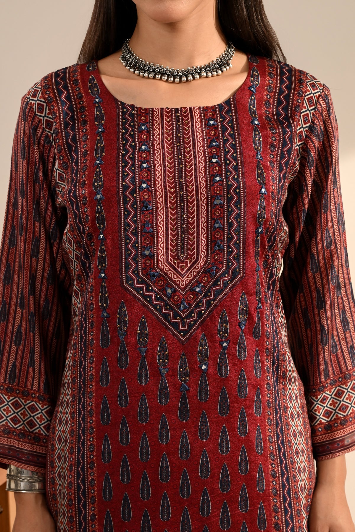 Maroon Ajrakh Printed 3 Pcs Kurta Set