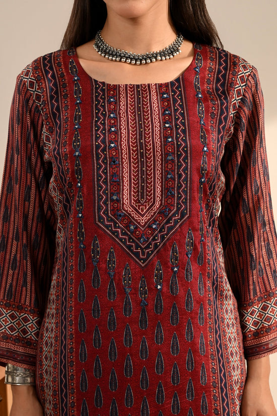 Maroon Ajrakh Printed 3 Pcs Kurta Set