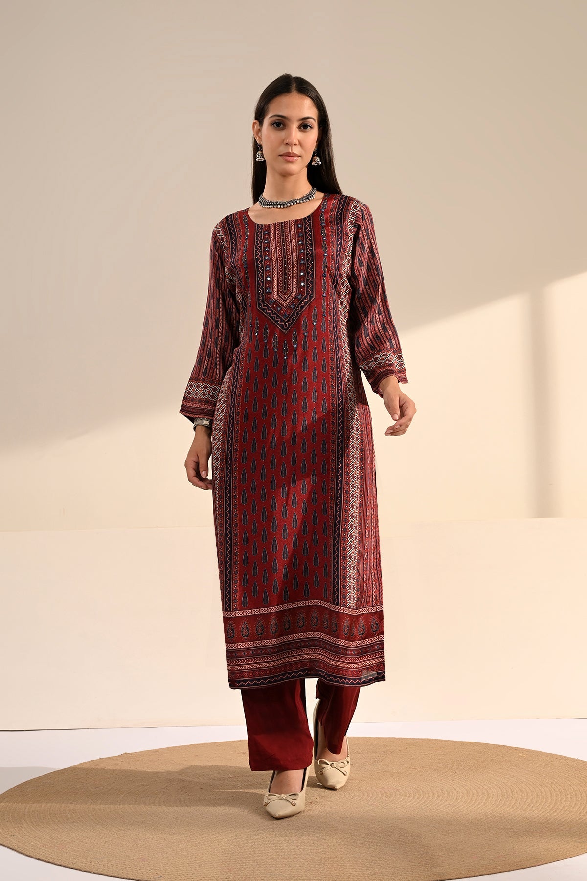 Maroon Ajrakh Printed 3 Pcs Kurta Set