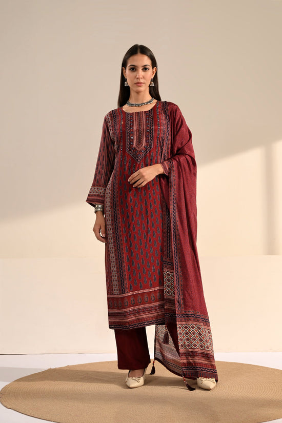 Maroon Ajrakh Printed 3 Pcs Kurta Set