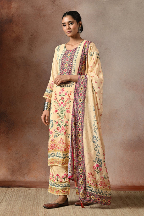 Beige Kalamkari Printed 3 Pcs Kurta Set