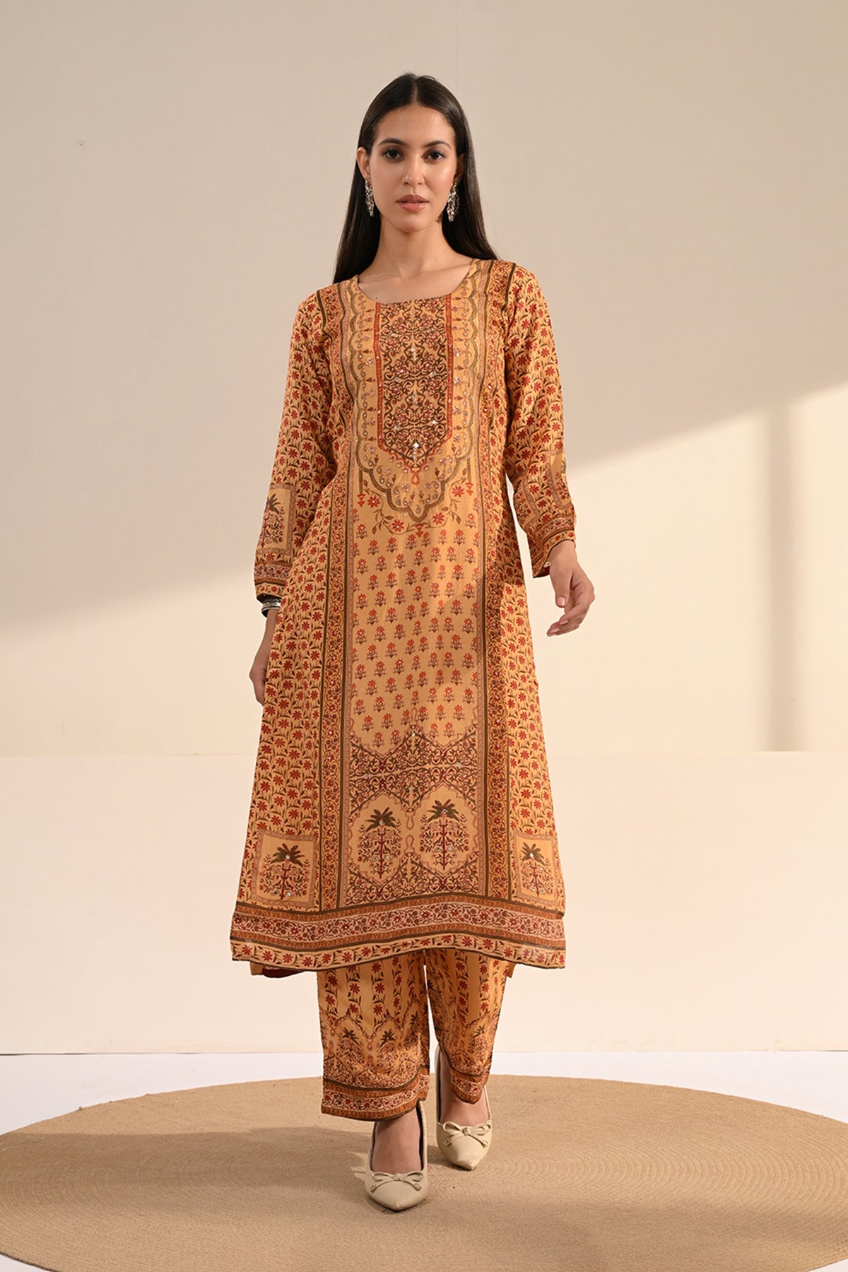 Beige Kalamkari Printed 3 Pcs Kurta Set