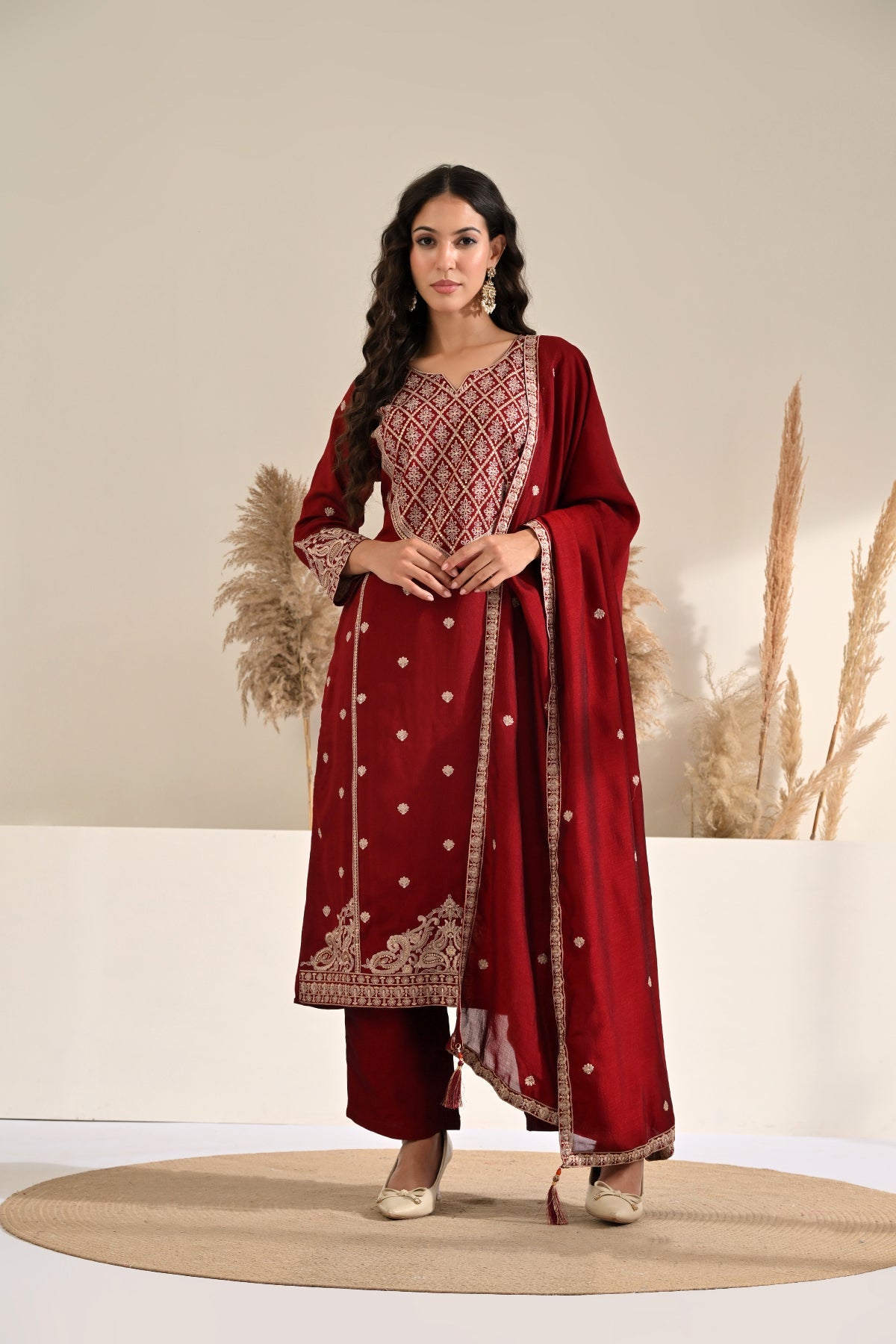 Maroon Hand-Embroidered 3 Pcs Kurta Set