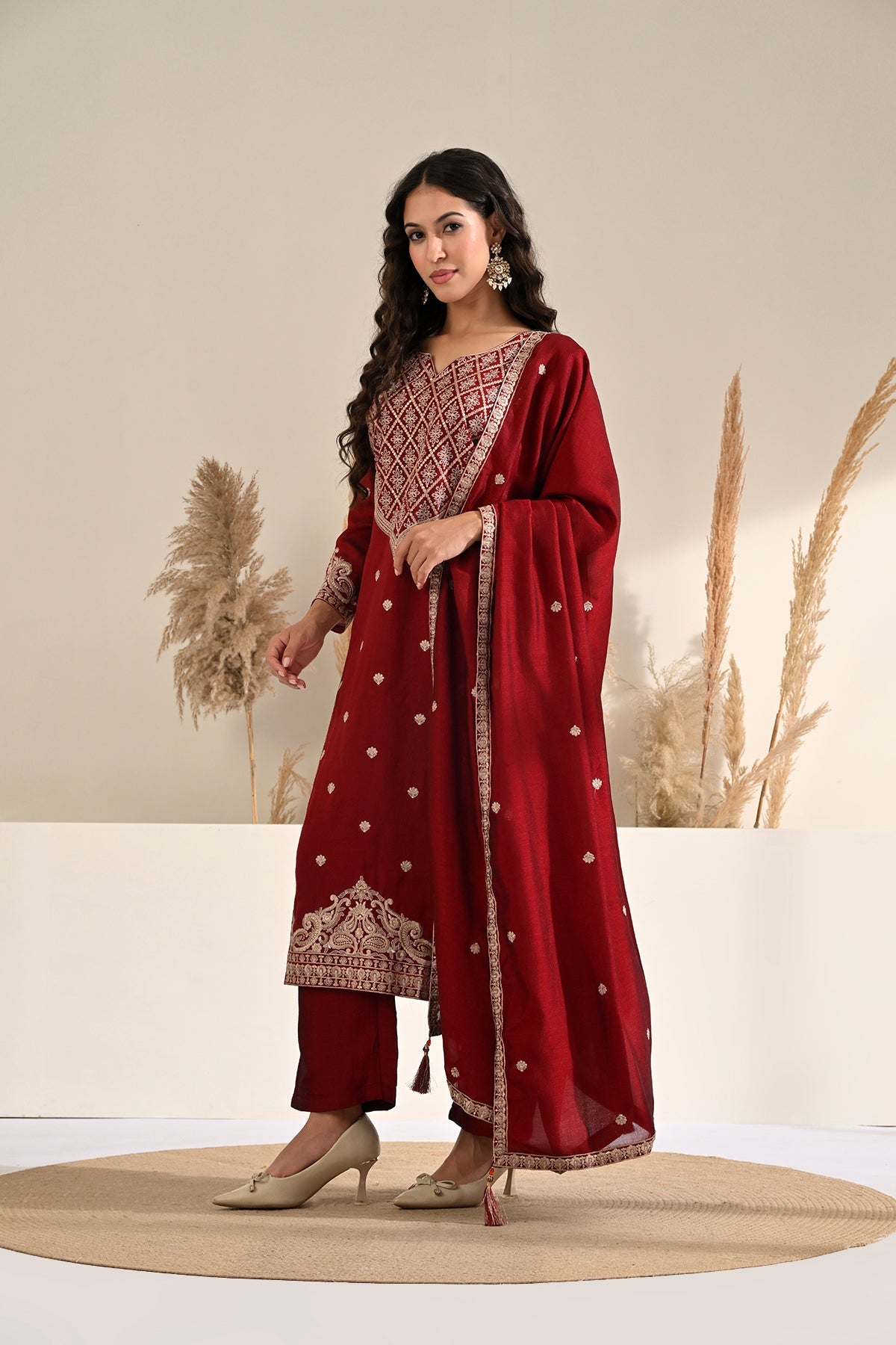Maroon Hand-Embroidered 3 Pcs Kurta Set