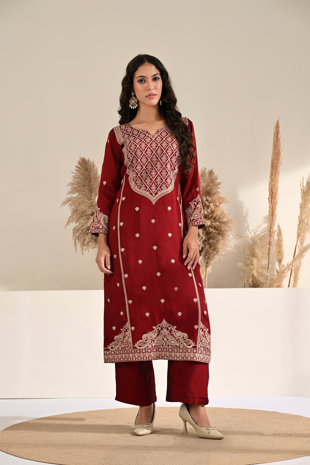 Maroon Hand-Embroidered 3 Pcs Kurta Set