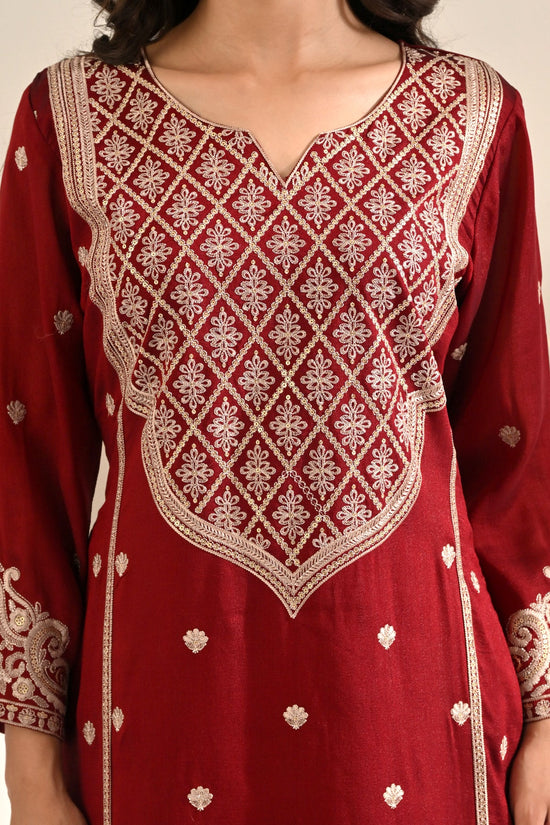 Maroon Hand-Embroidered 3 Pcs Kurta Set