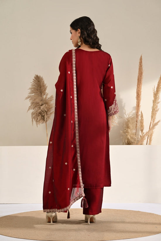 Maroon Hand-Embroidered 3 Pcs Kurta Set