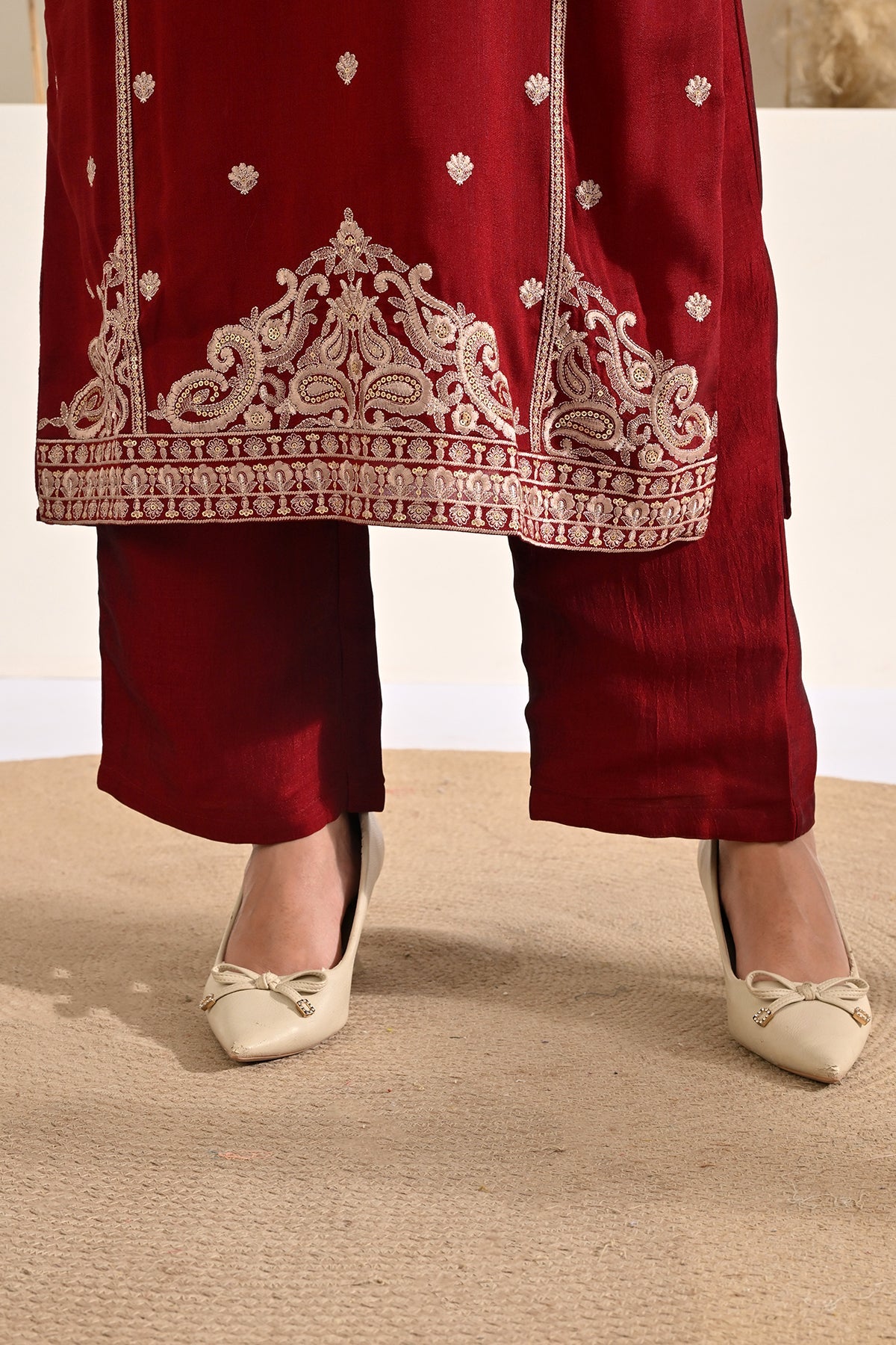 Maroon Hand-Embroidered 3 Pcs Kurta Set