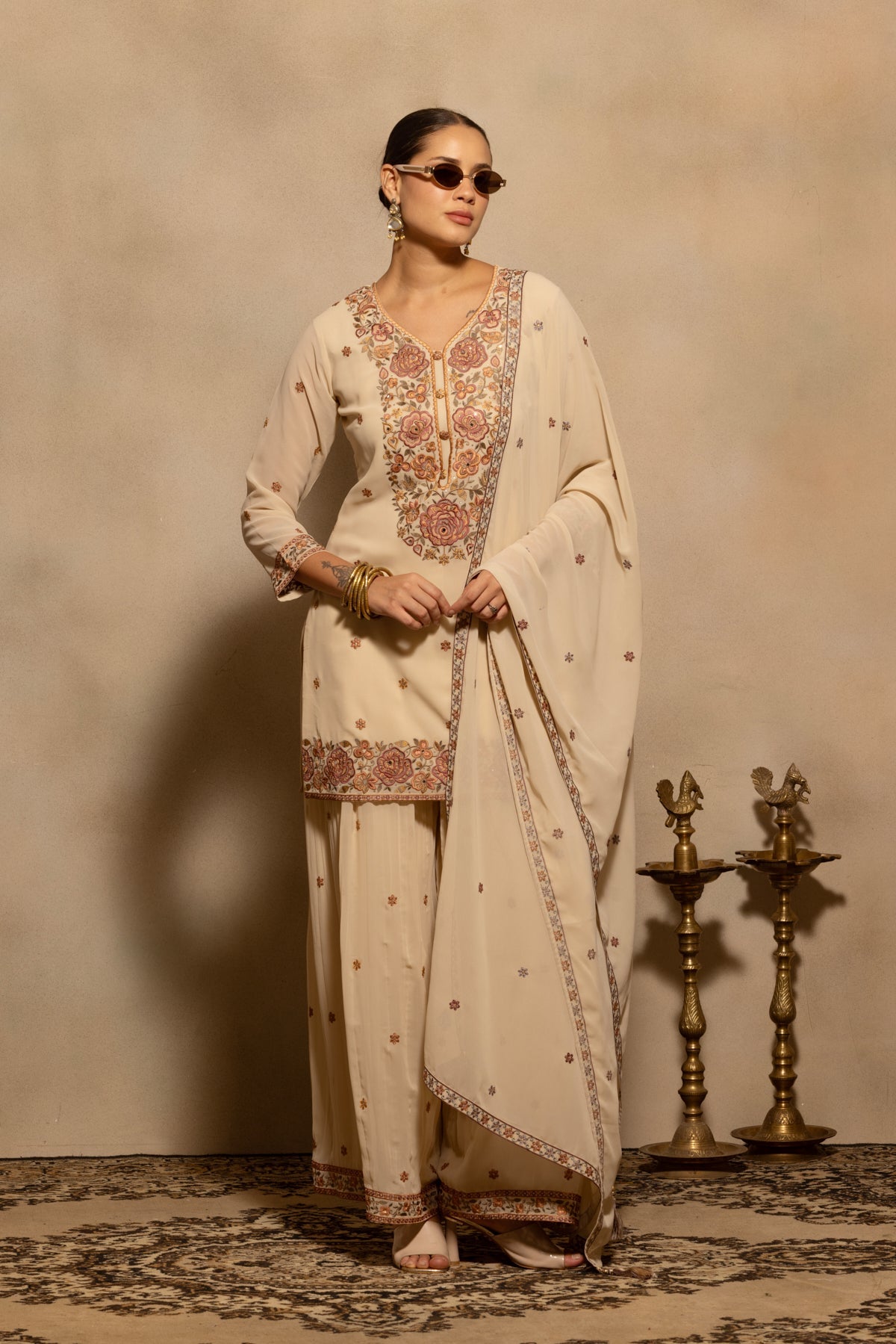 Fawn Floral Embroidered Kurta 3 Pcs Set
