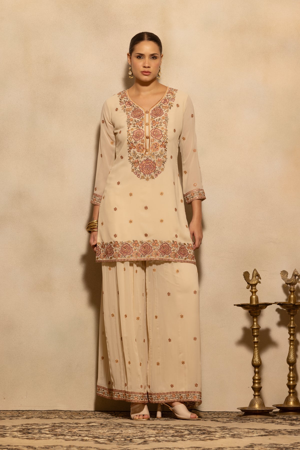 Fawn Floral Embroidered Kurta 3 Pcs Set