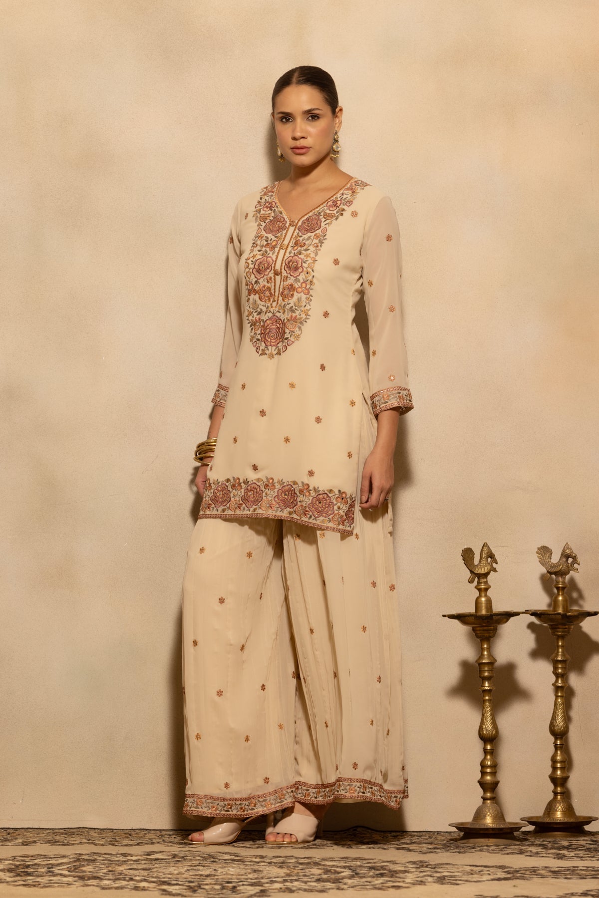 Fawn Floral Embroidered Kurta 3 Pcs Set