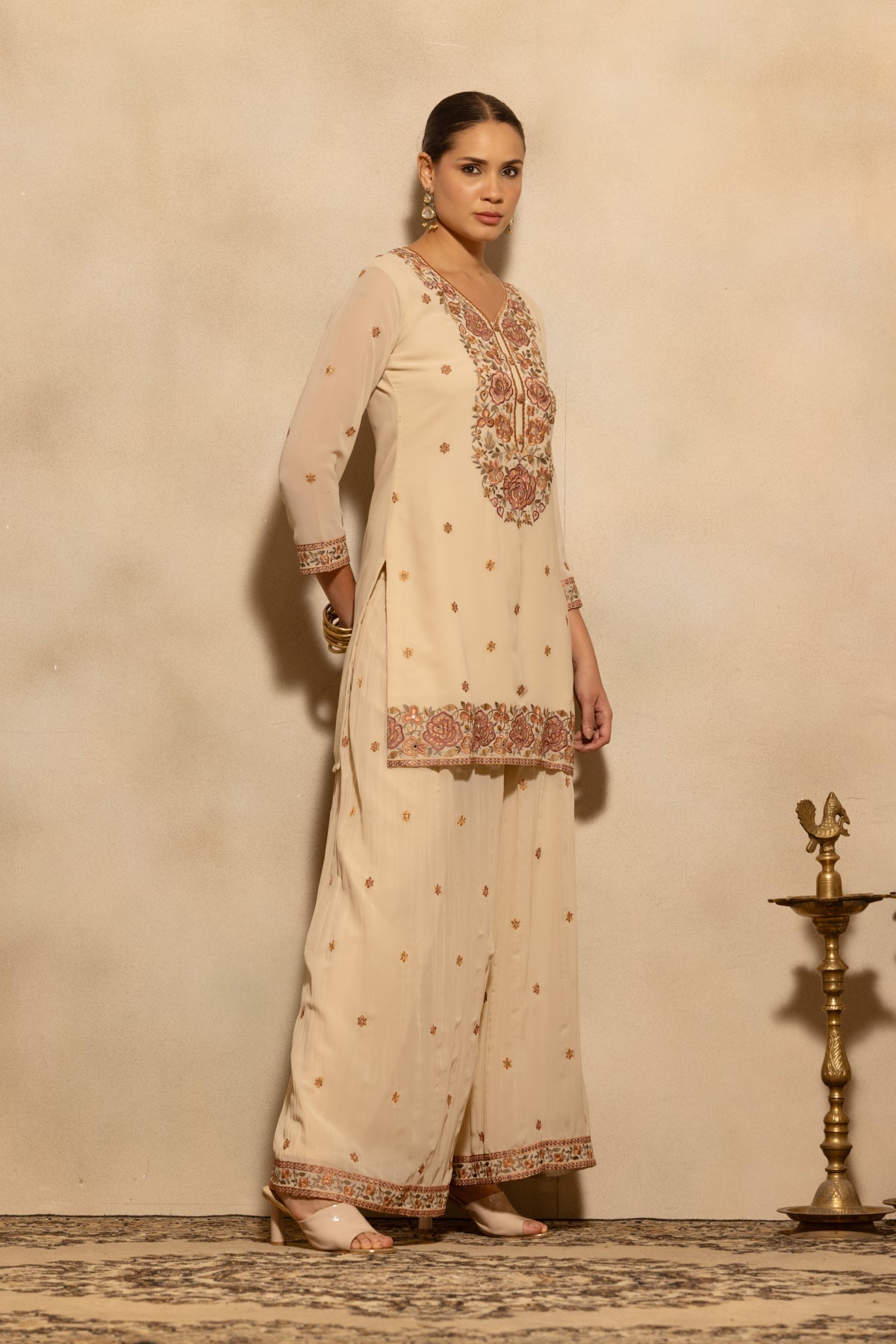 Fawn Floral Embroidered Kurta 3 Pcs Set